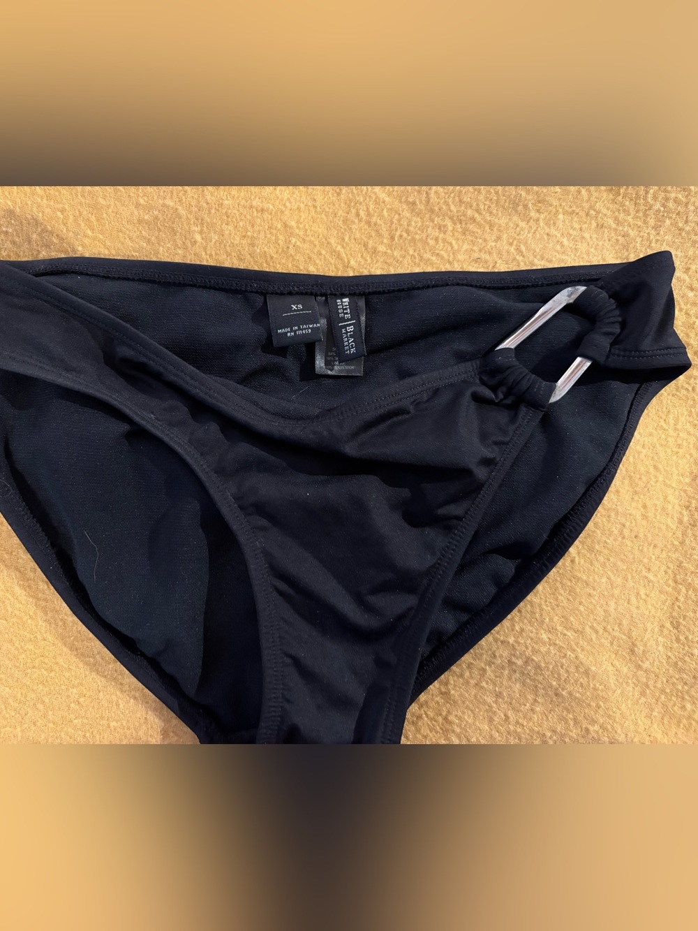 WHBM Classic Black Bikini Bottom with Side Ring Detail. XS